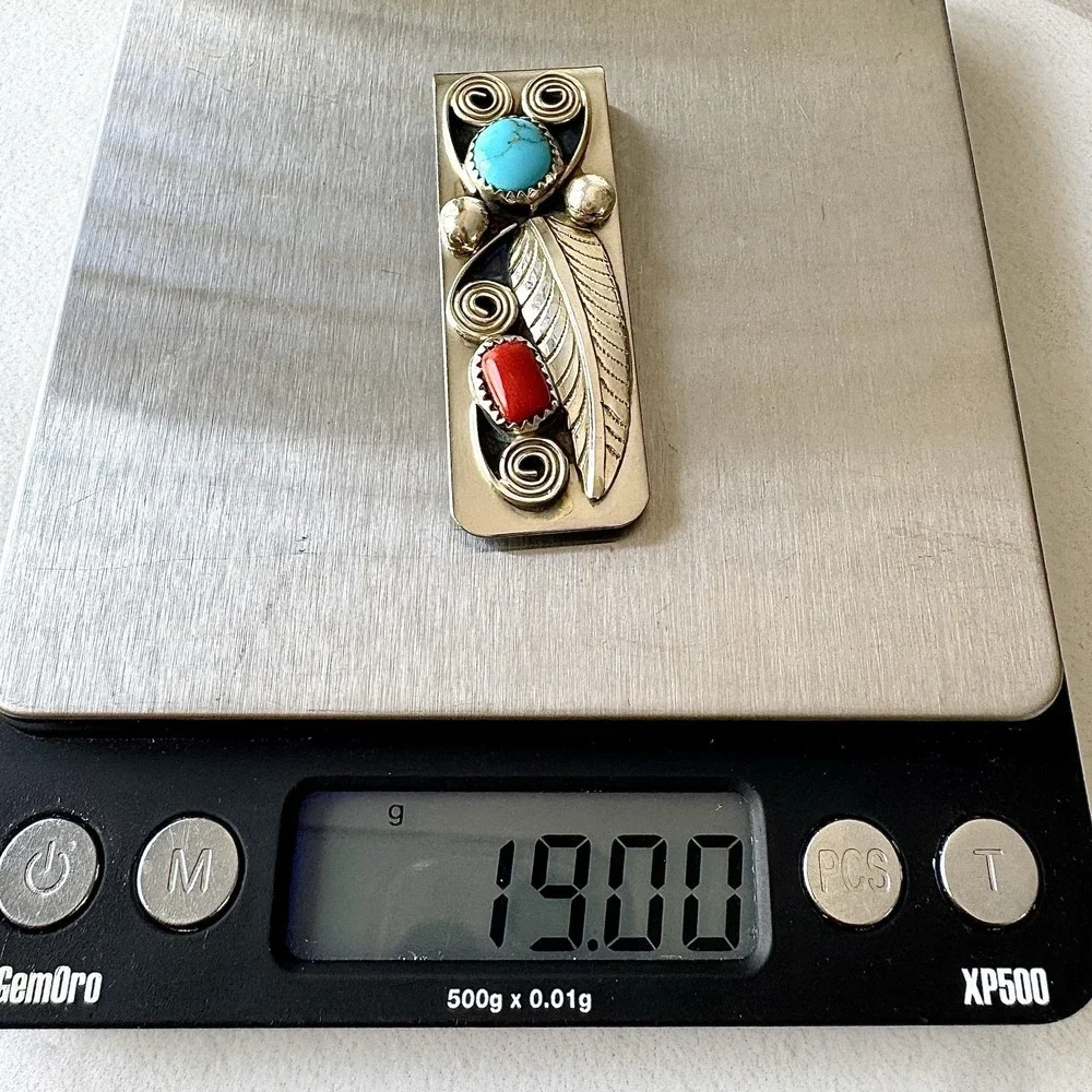 Navajo Natural Turquoise Coral Money Clip Silver 2in Mens Gift Handmade Arviso